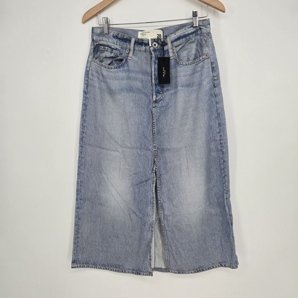 NWT $275 Rag & Bone Womens 28 Denim-Print Midi Skirt Light-Wash Faded Front Slit